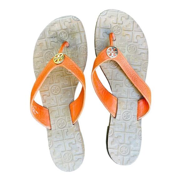 Tory Burch Thora Orange Leather Flip Flop Sandals Womens Size 11 - Picture 7 of 7